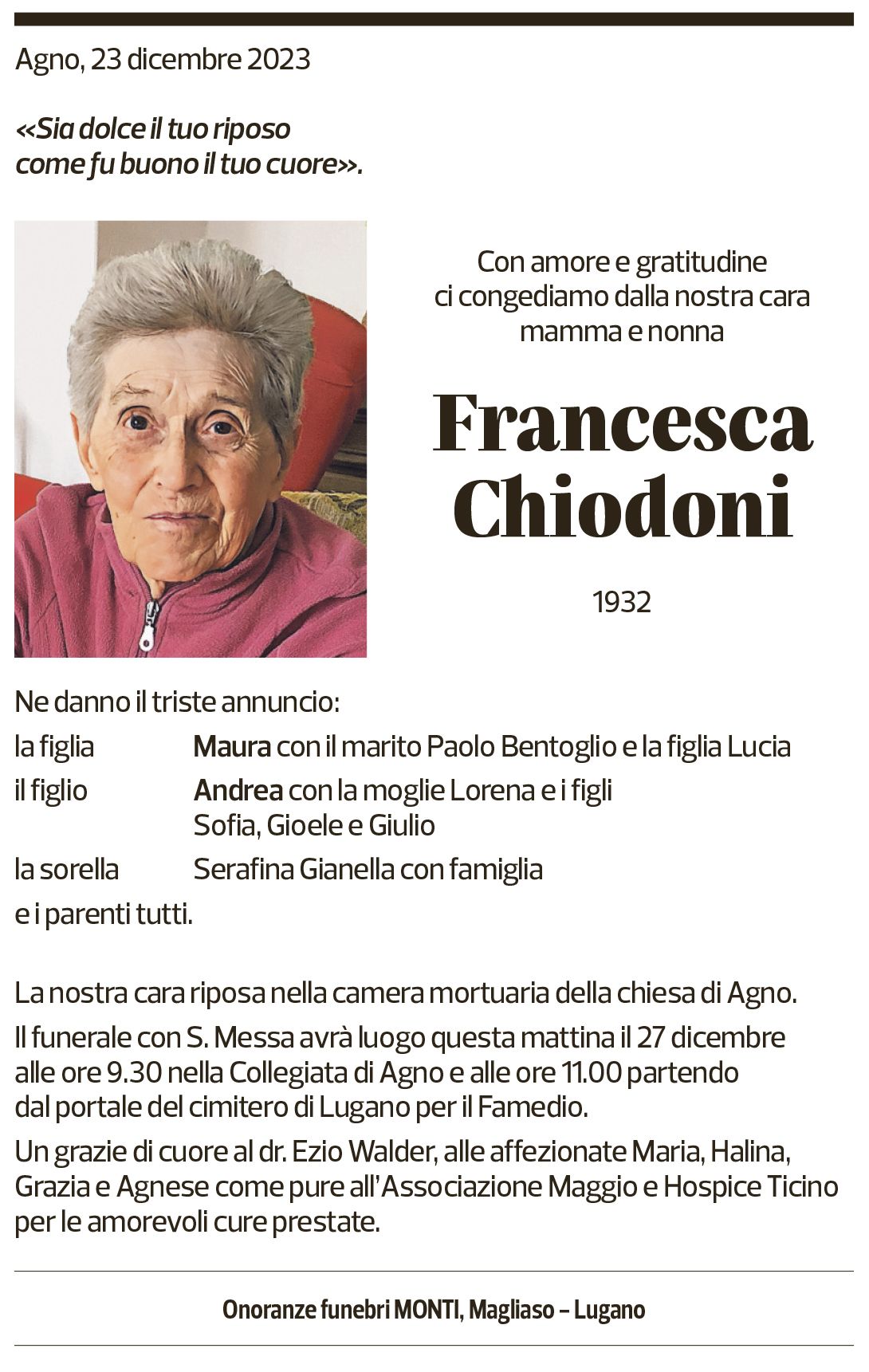 Annuncio funebre Francesca Chiodoni