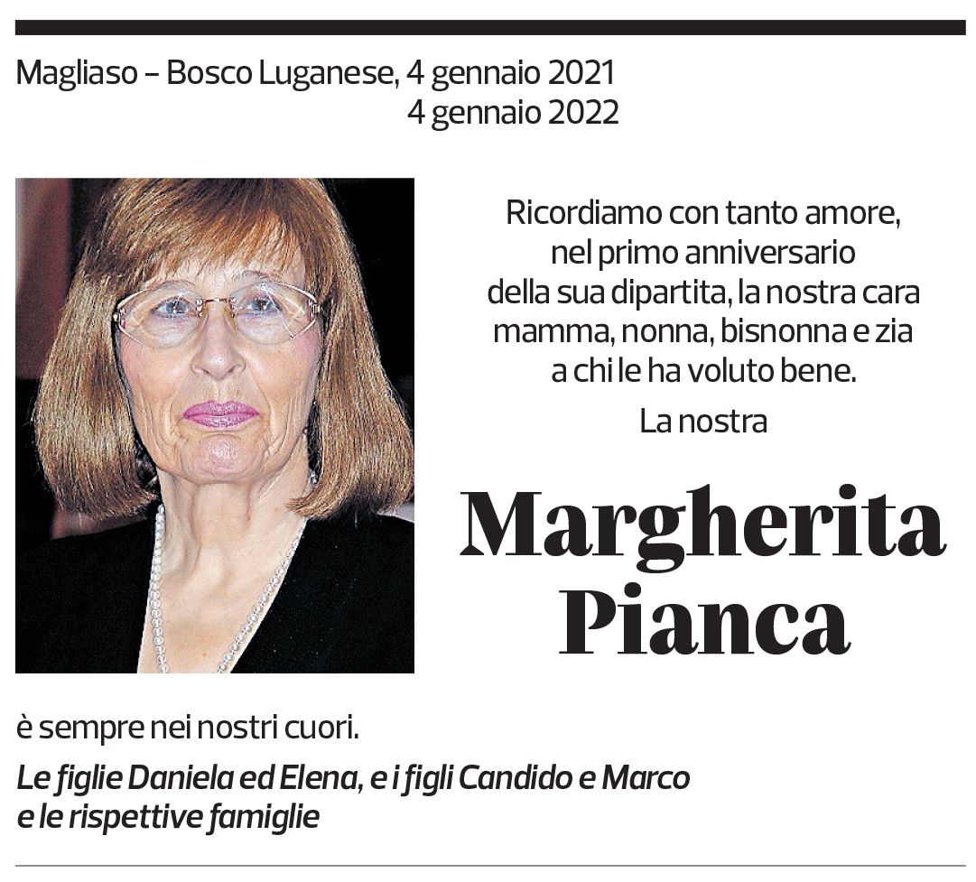 Annuncio funebre Margherita Pianca