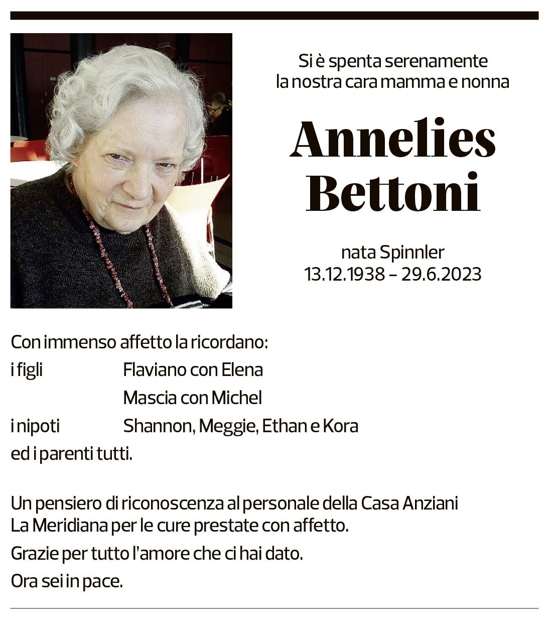 Annuncio funebre Annelies Bettoni