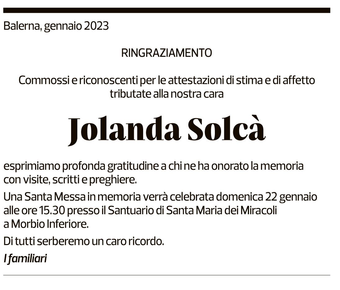 Annuncio funebre Jolanda Solcà