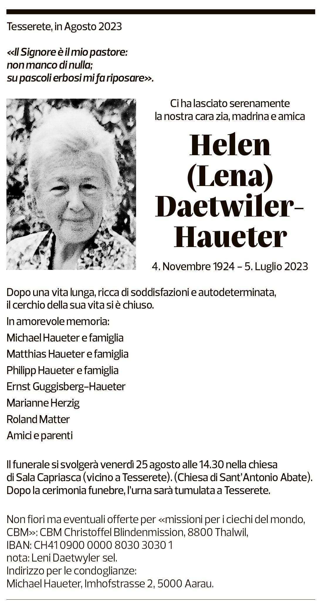 Annuncio funebre Helen (lena) Daetwiler-haueter