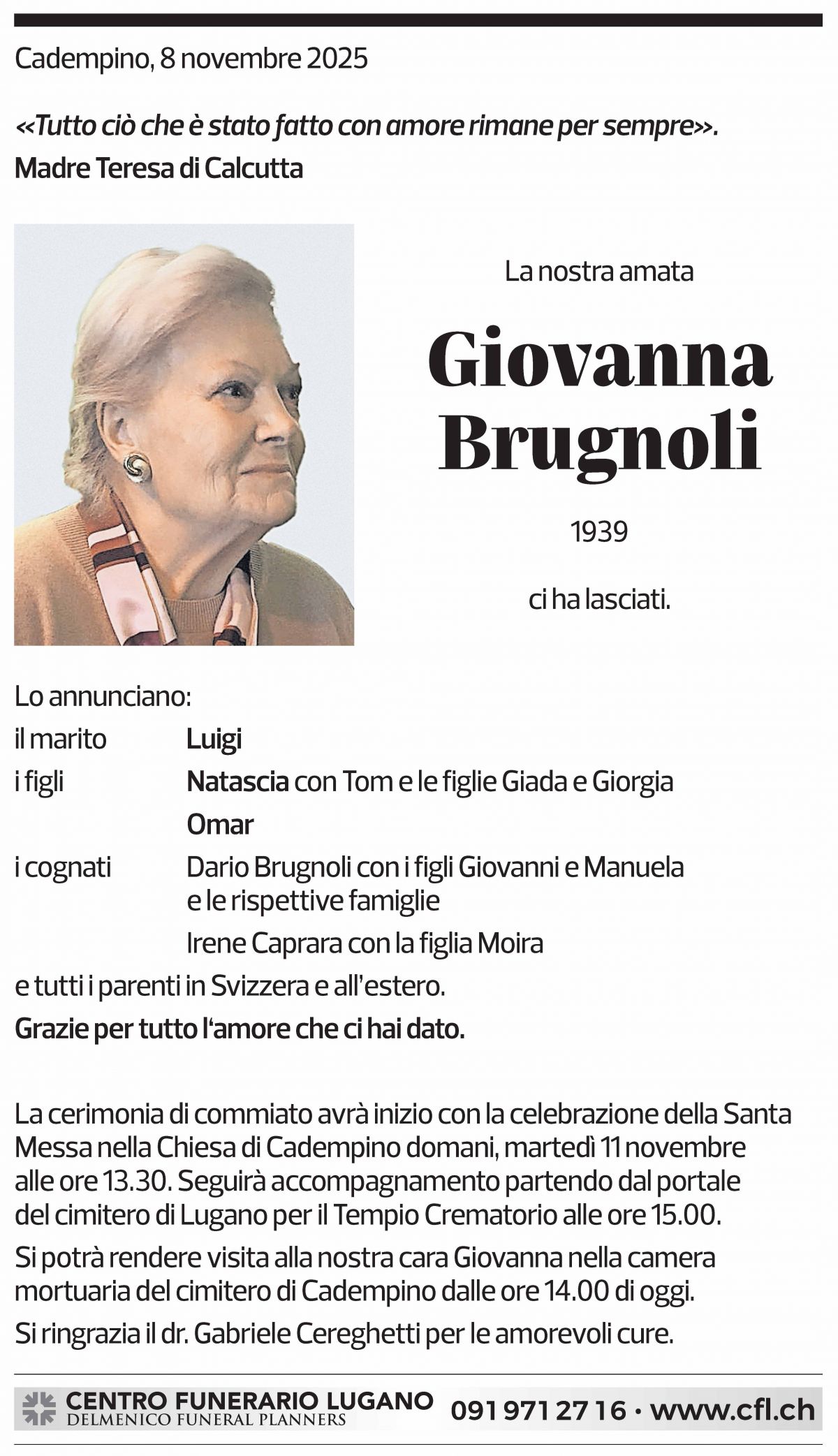 Annuncio funebre Giovanna Brugnoli