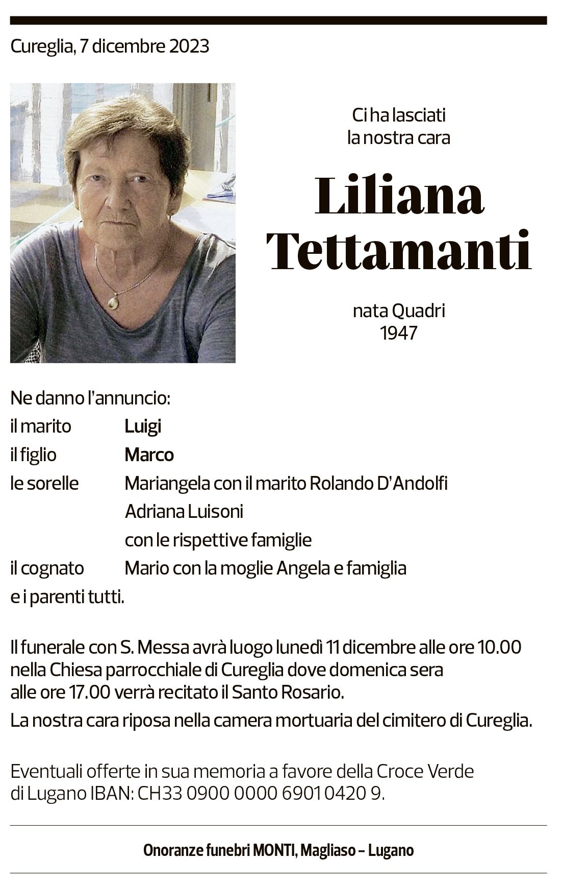 Annuncio funebre Liliana Tettamanti