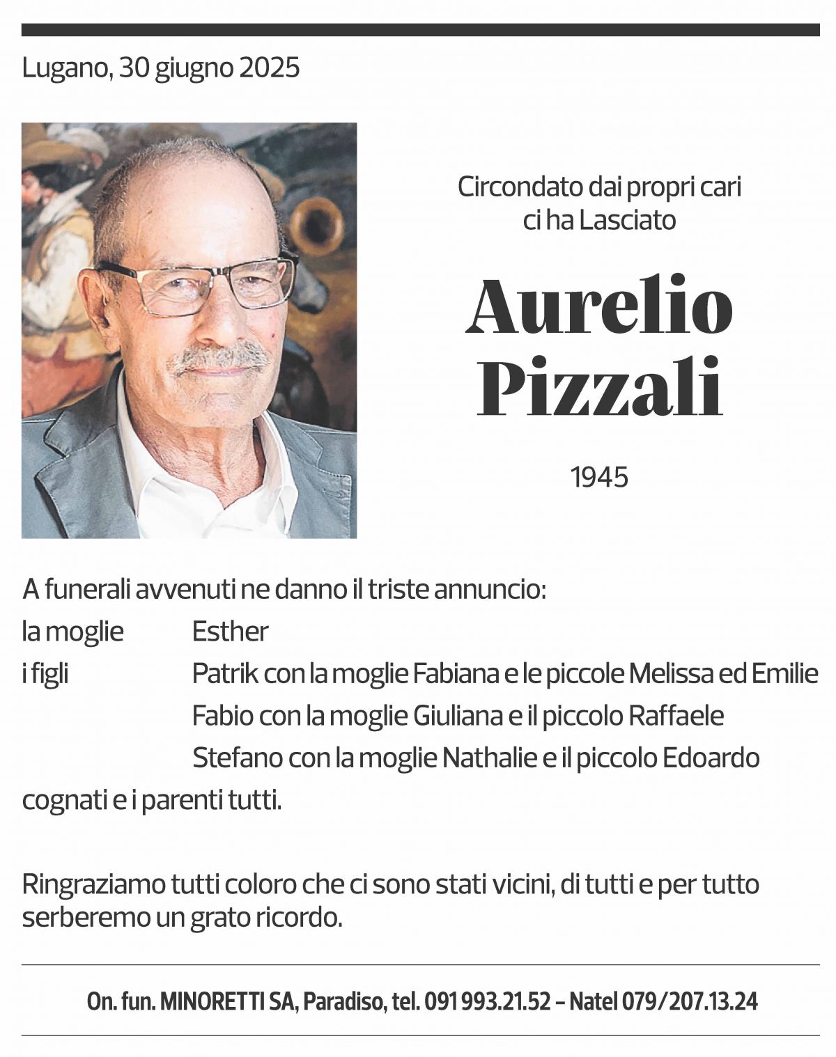 Annuncio funebre Aurelio Pizzali