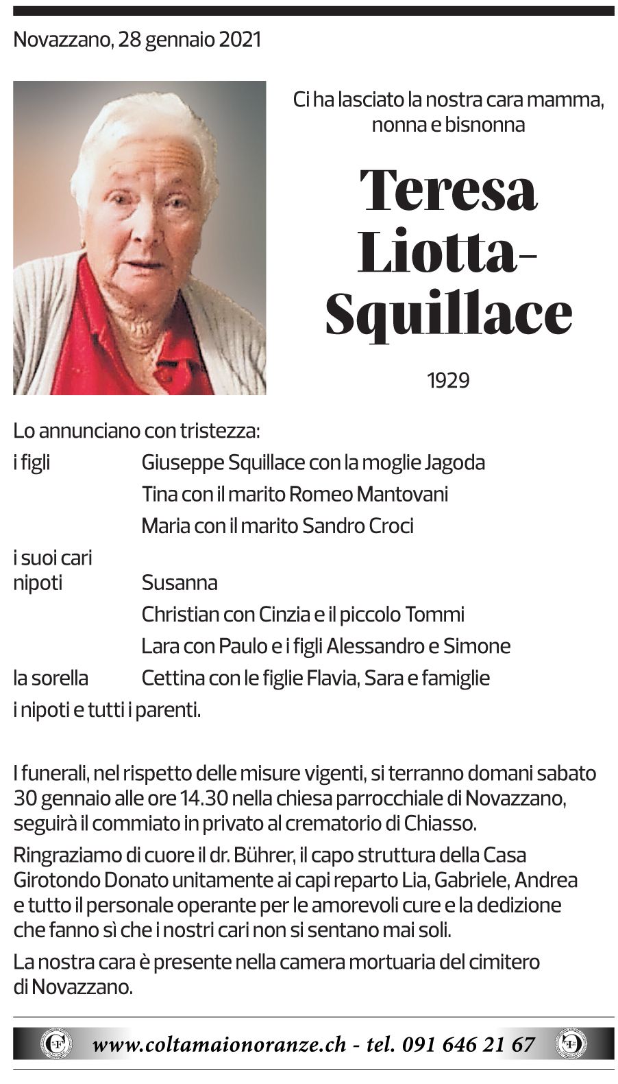 Annuncio funebre Teresa Liotta-squillace