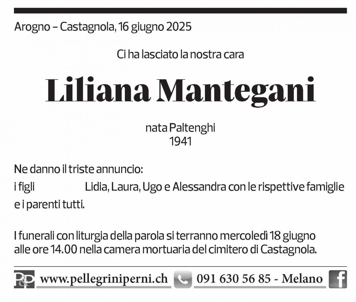 Annuncio funebre Liliana Mantegani