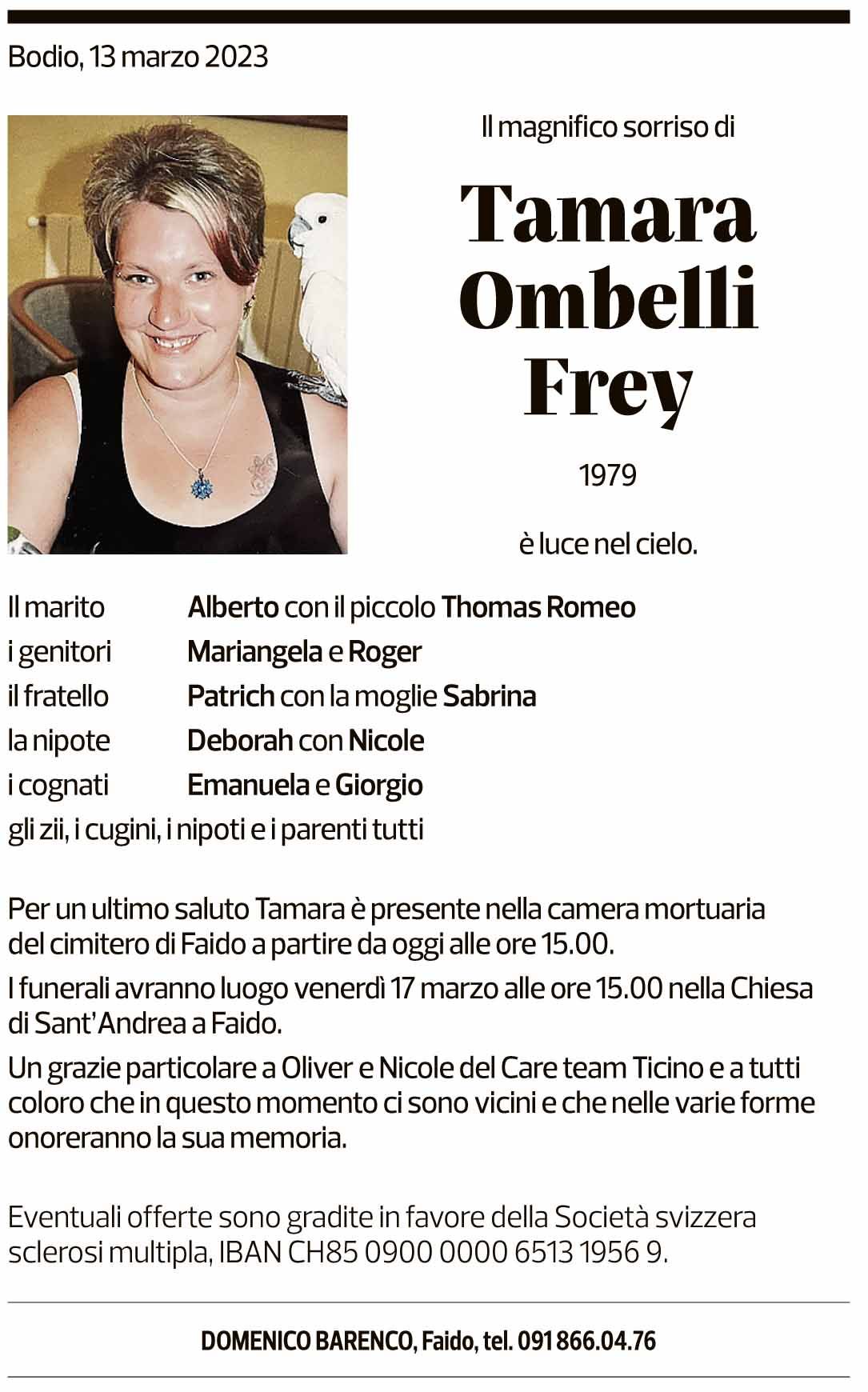 Annuncio funebre Tamara Ombelli Frey