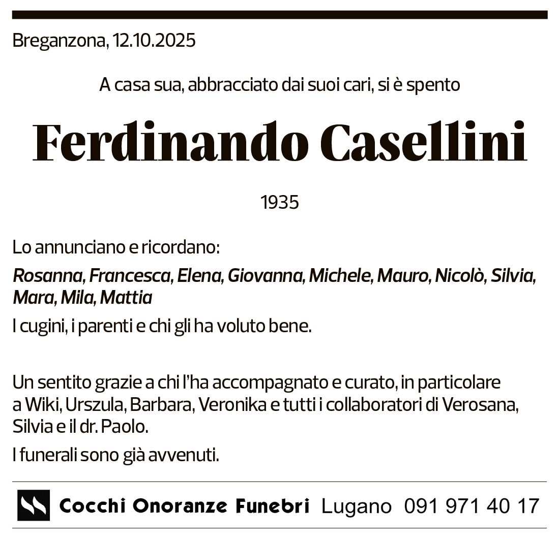 Annuncio funebre Ferdinando Casellini