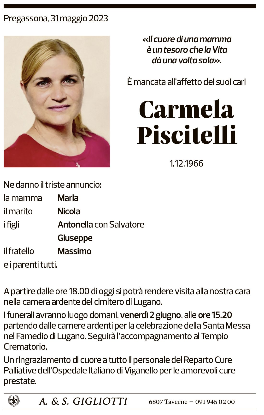 Annuncio funebre Carmela Piscitelli