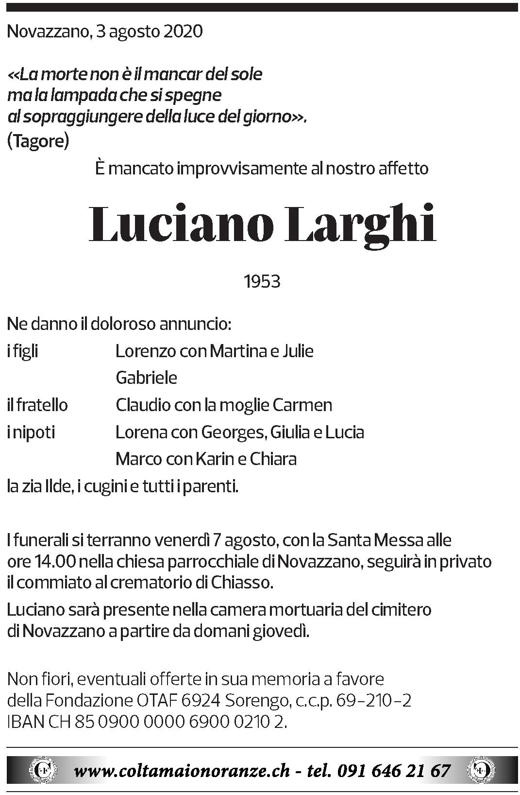 Annuncio funebre Luciano Larghi