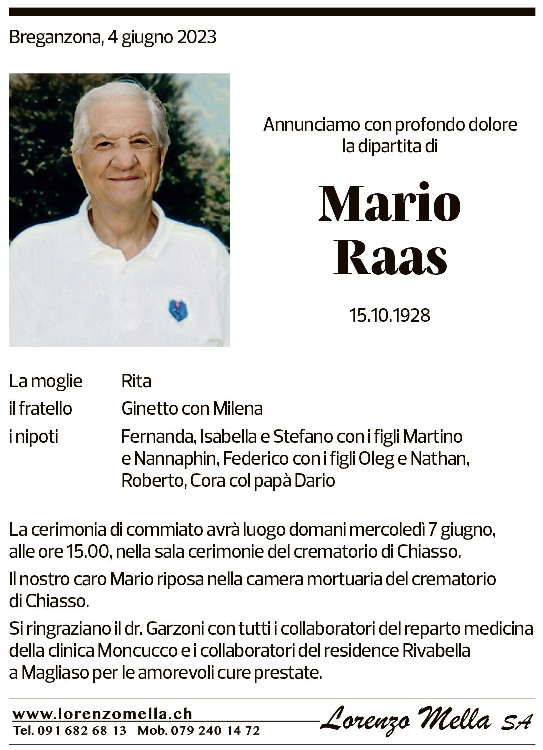 Annuncio funebre Mario Raas