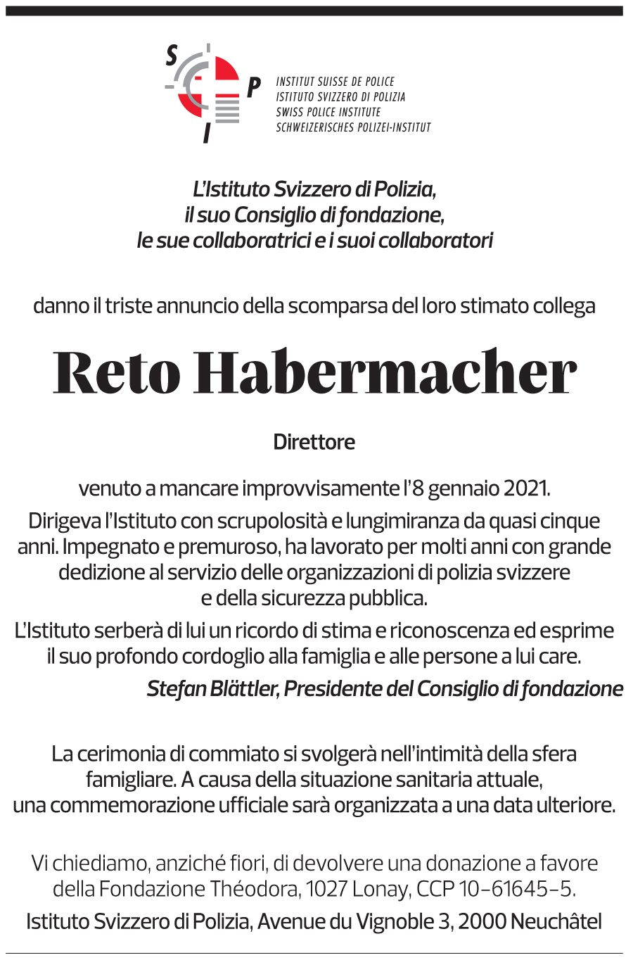 Annuncio funebre Reto Habermacher