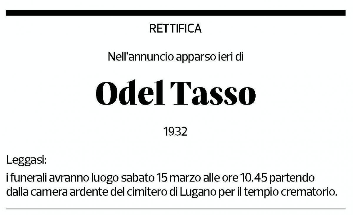 Annuncio funebre Odel Tasso