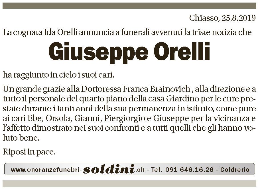 Annuncio funebre Giuseppe Orelli
