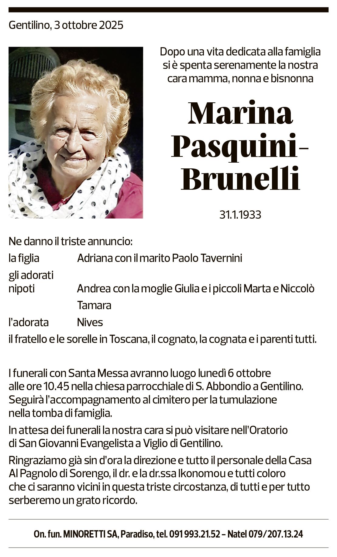 Annuncio funebre Marina Pasquini-brunelli