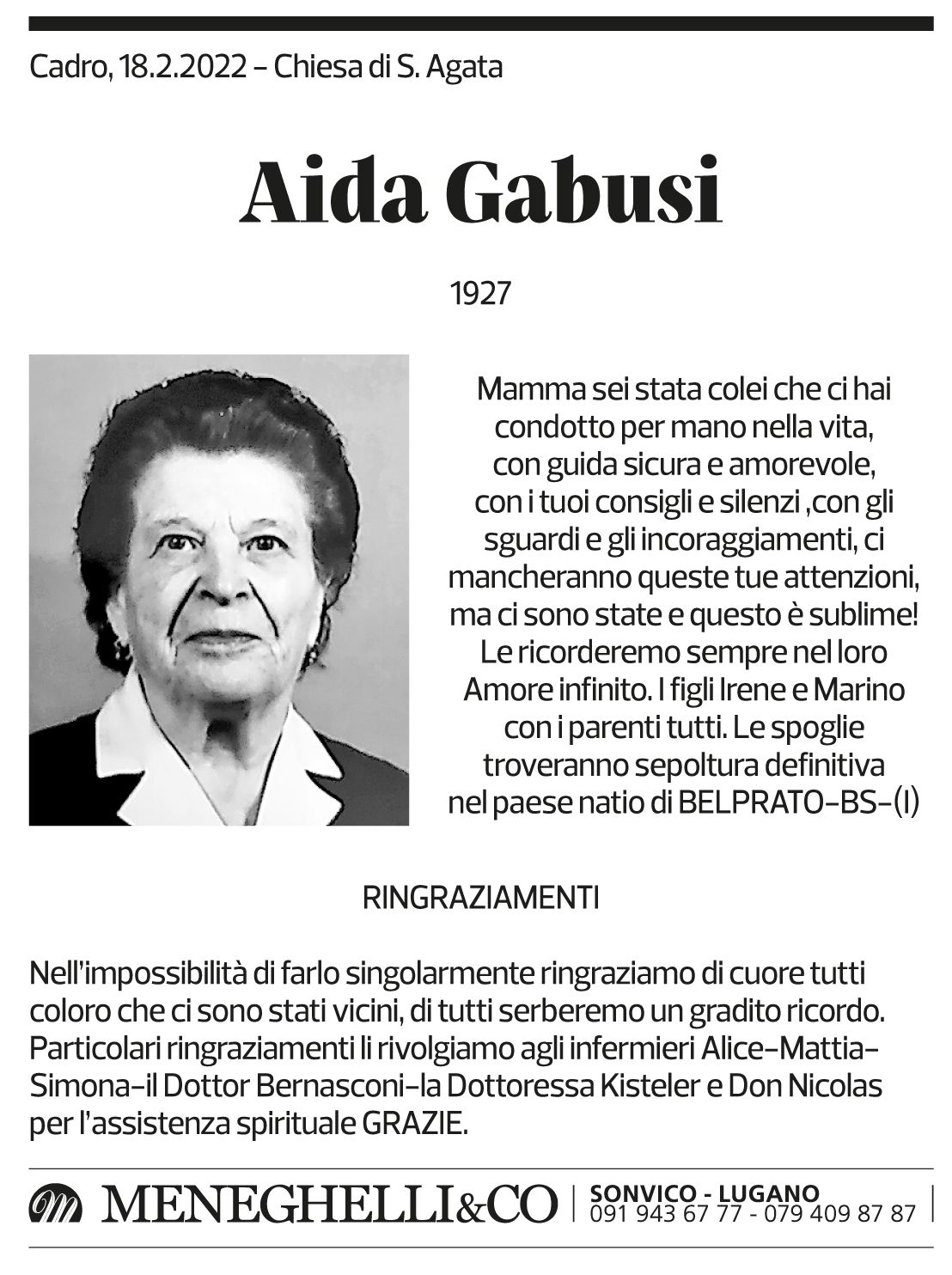 Annuncio funebre Aida Gabussi