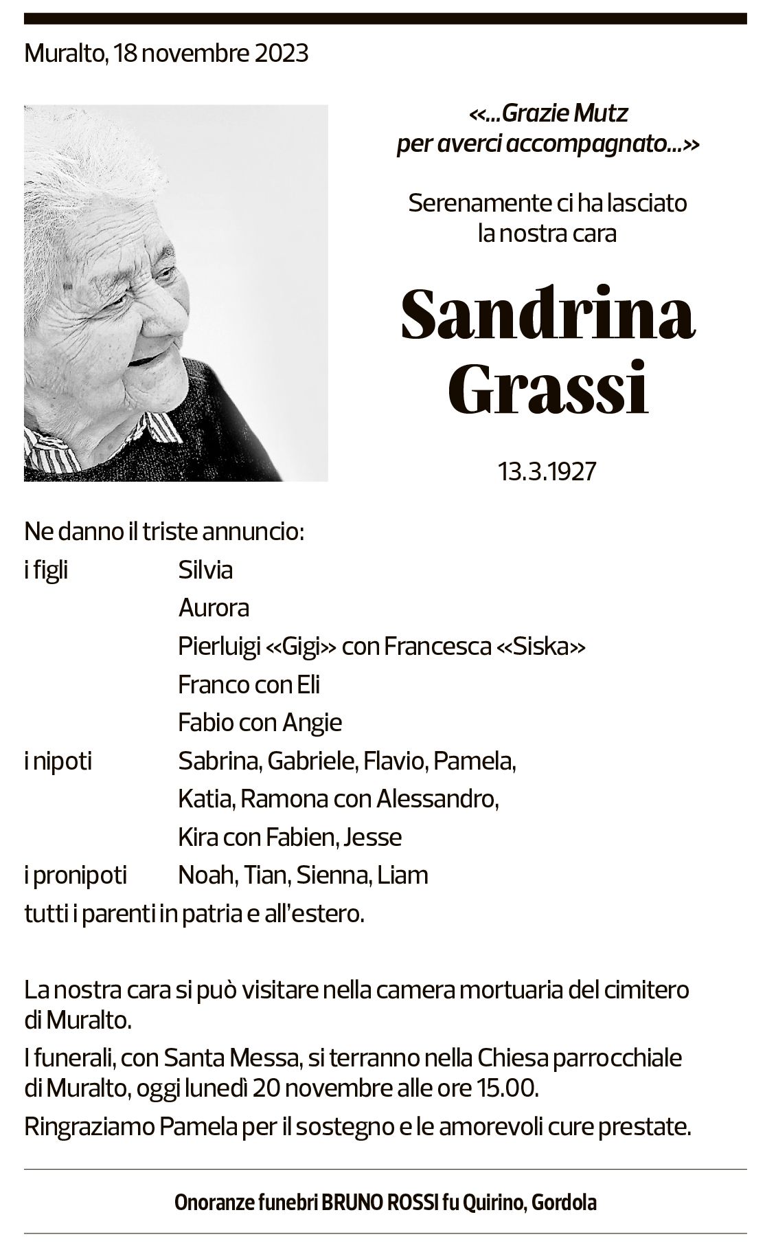 Annuncio funebre Sandrina Grassi