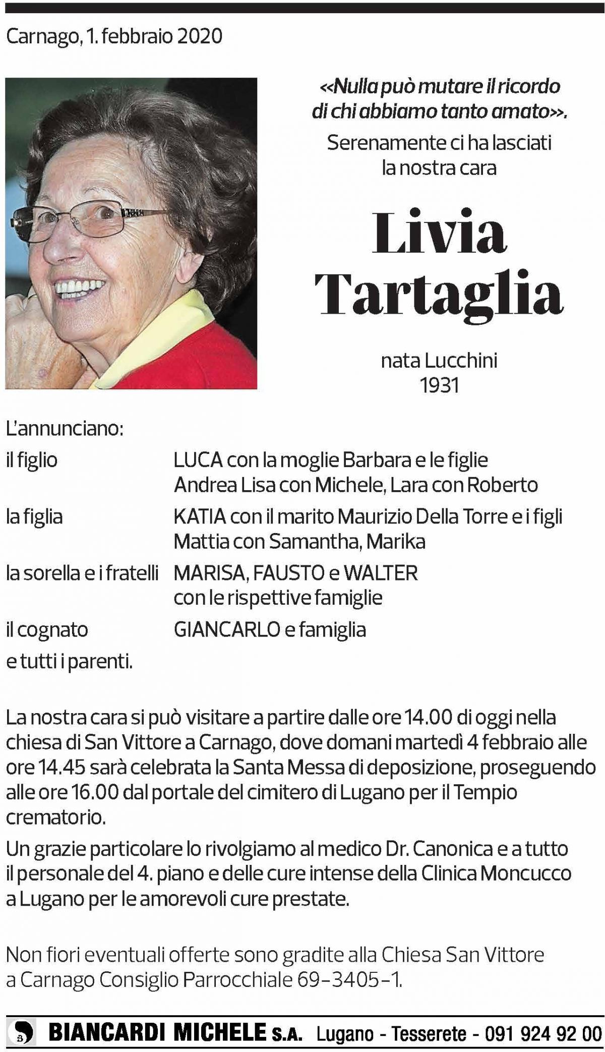 Annuncio funebre Livia Tartaglia