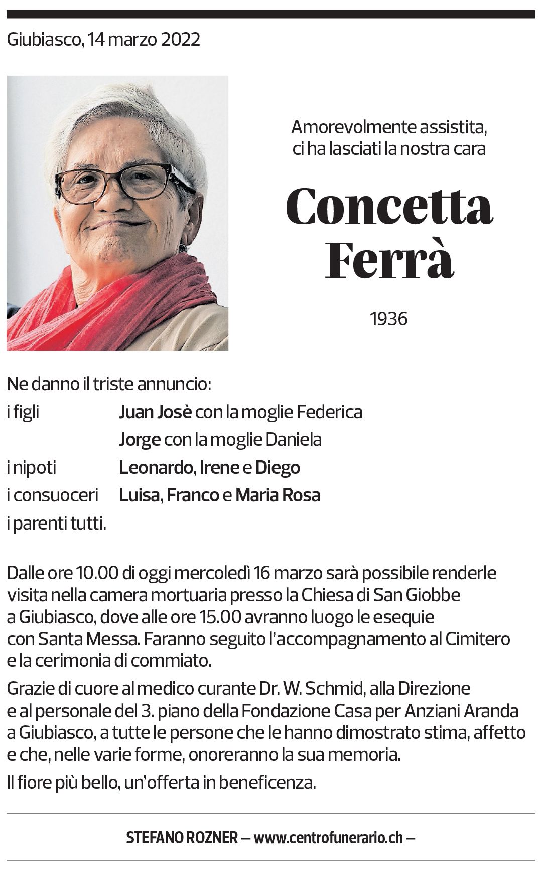 Annuncio funebre Concetta Ferrà