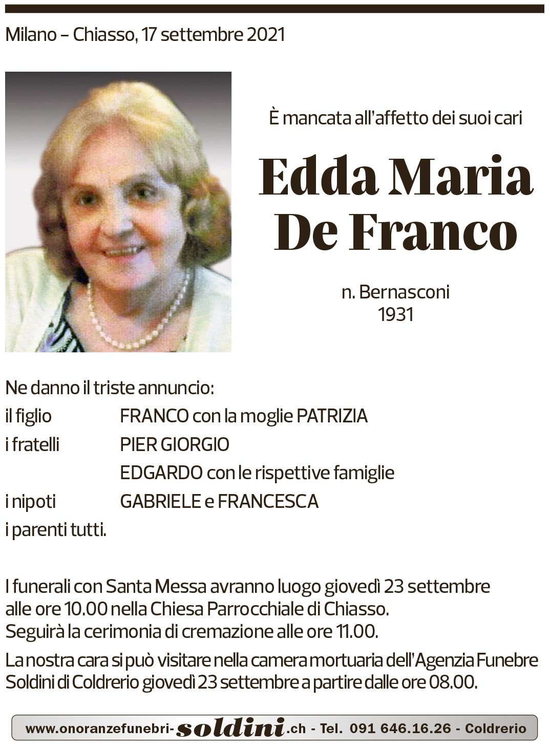 Annuncio funebre Edda Maria De Franco