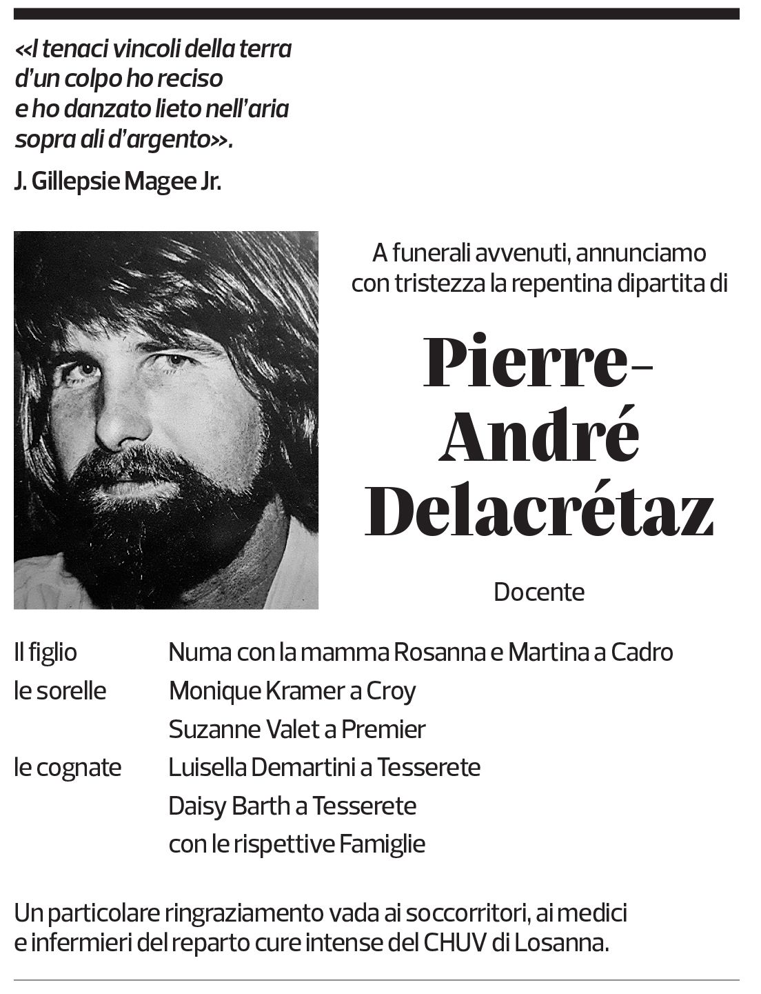 Annuncio funebre Pierre-andré Delacrétaz