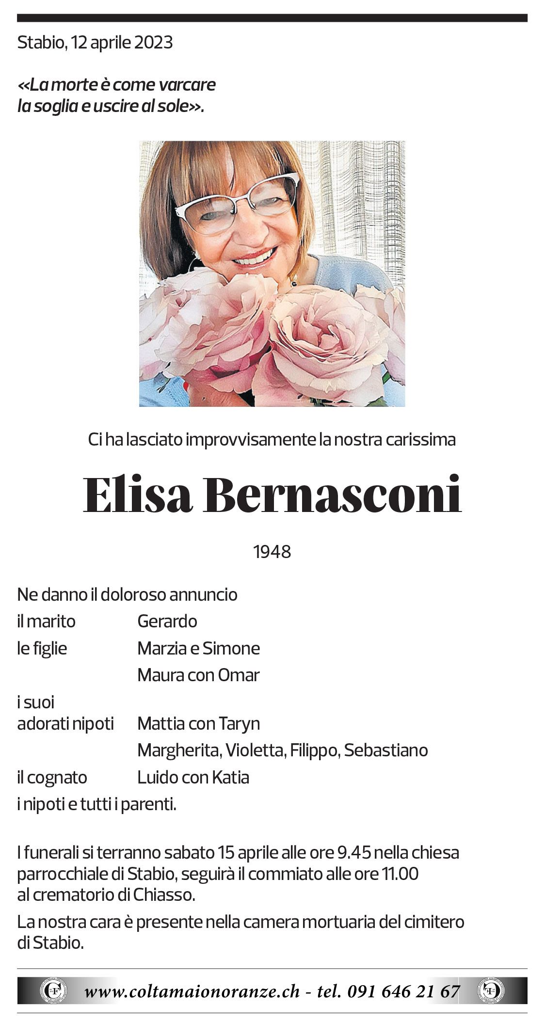 Annuncio funebre Elisa Bernasconi