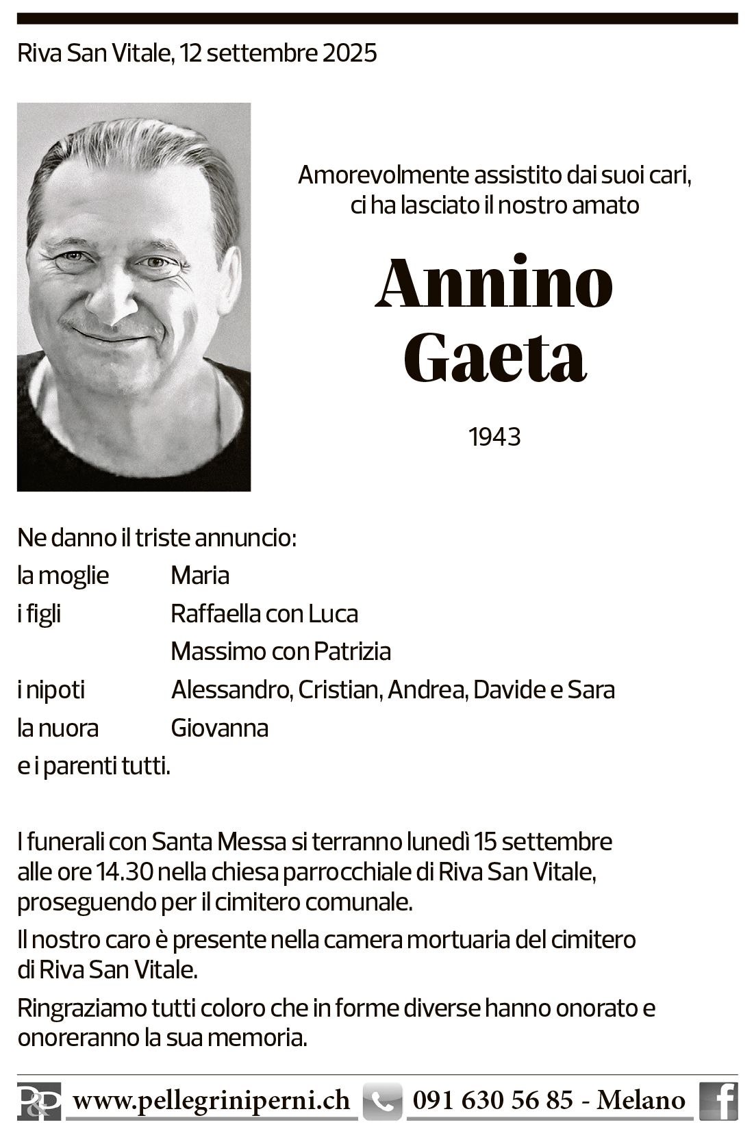 Annuncio funebre Antonino Gaeta