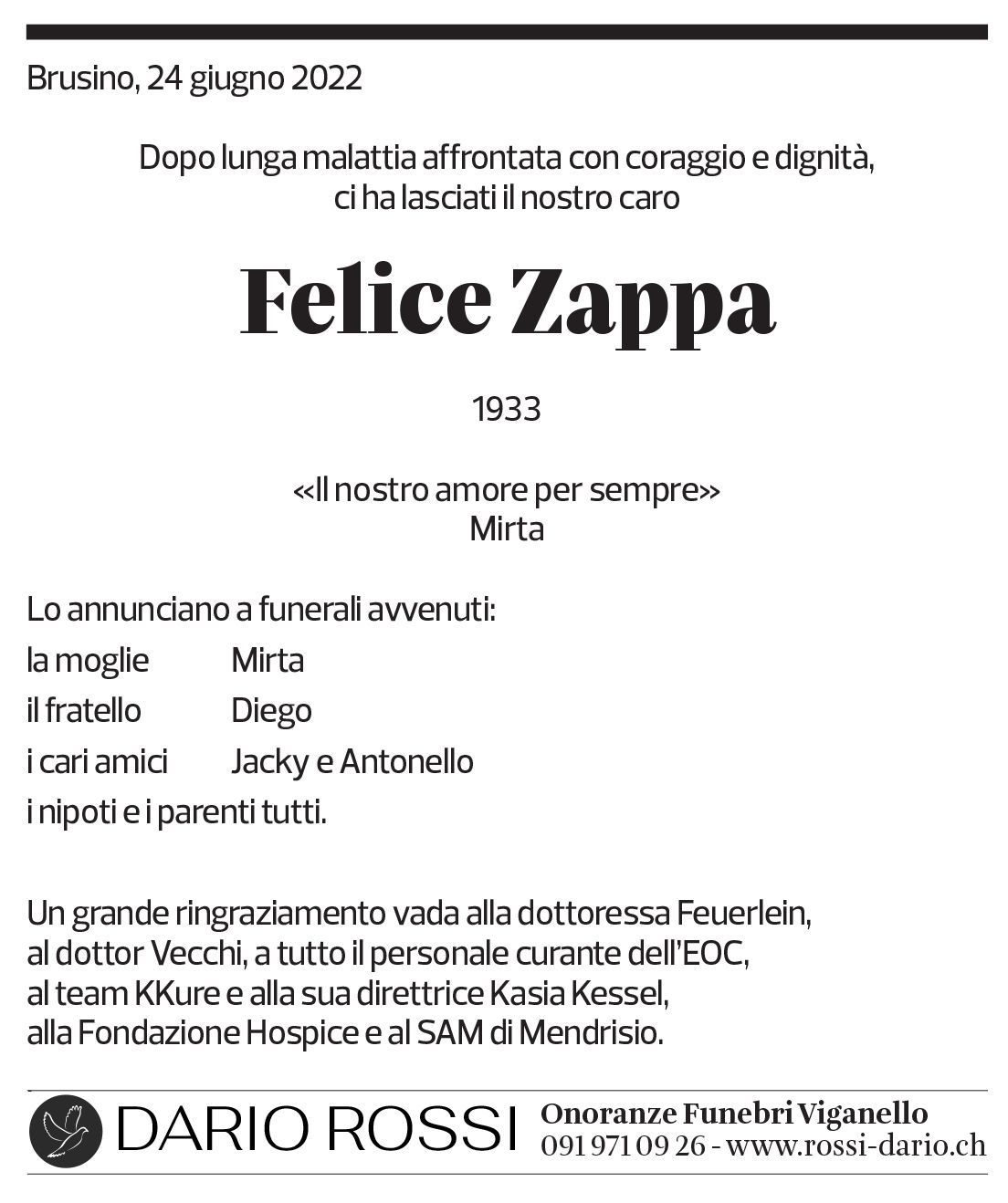 Annuncio funebre Felice Zappa