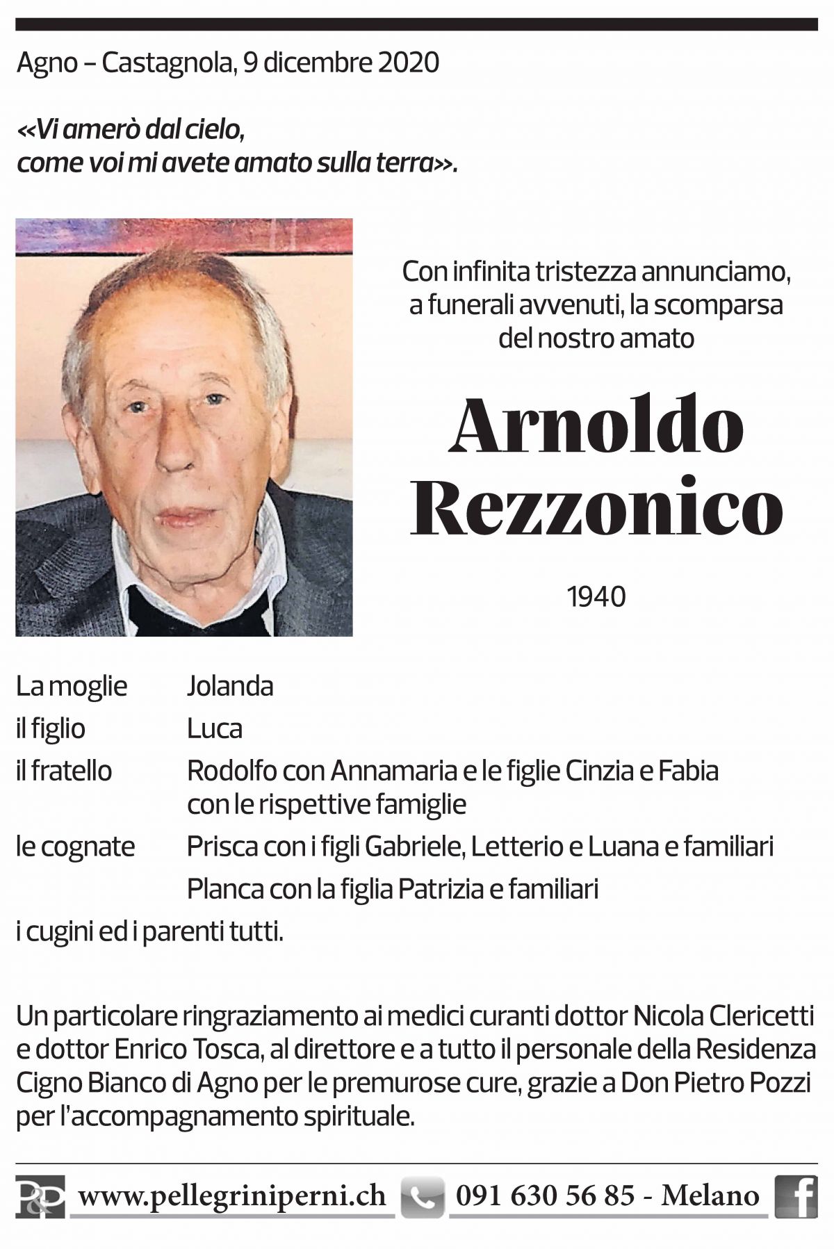 Annuncio funebre Arnoldo Rezzonico