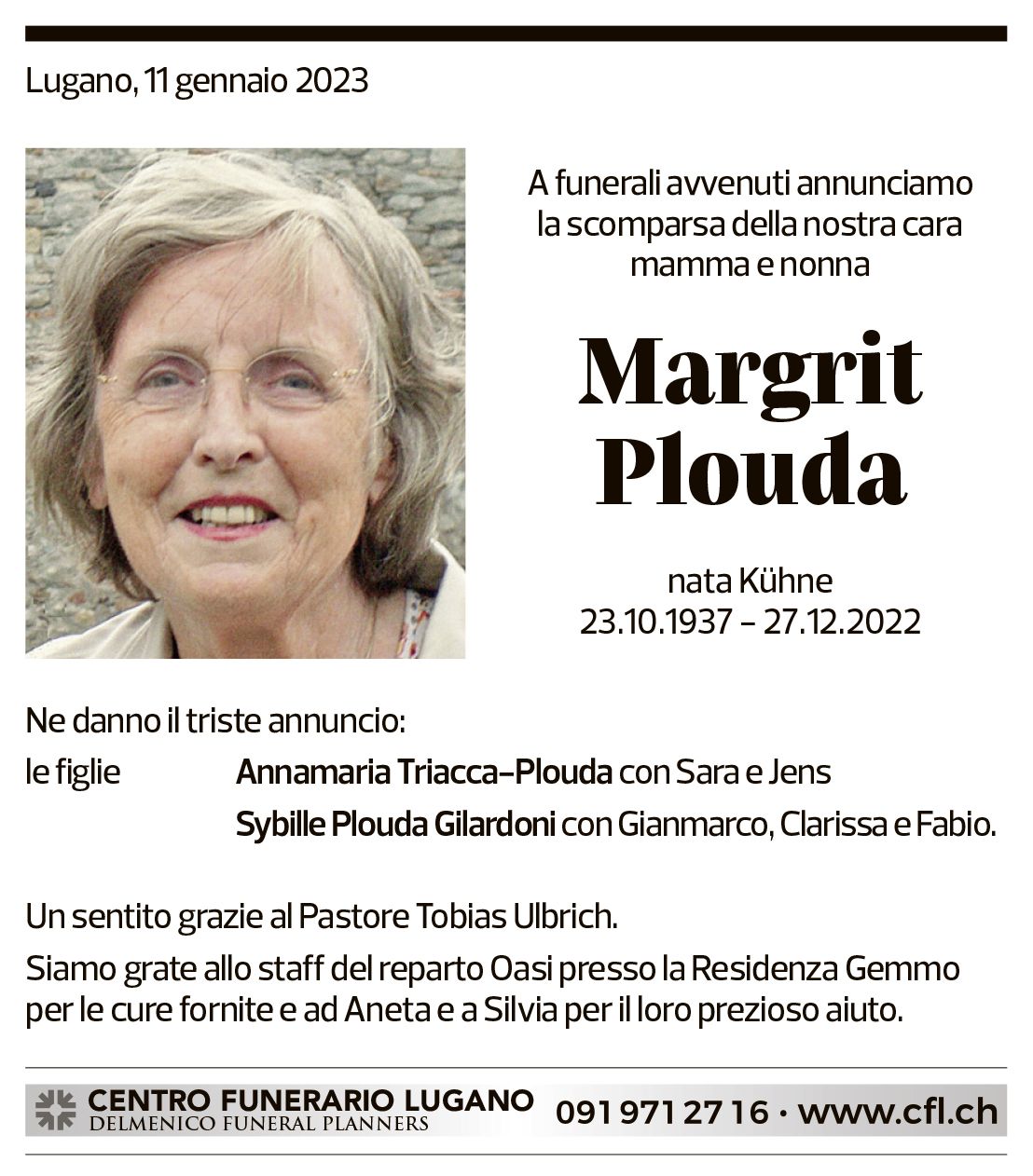 Annuncio funebre Margrit Plouda