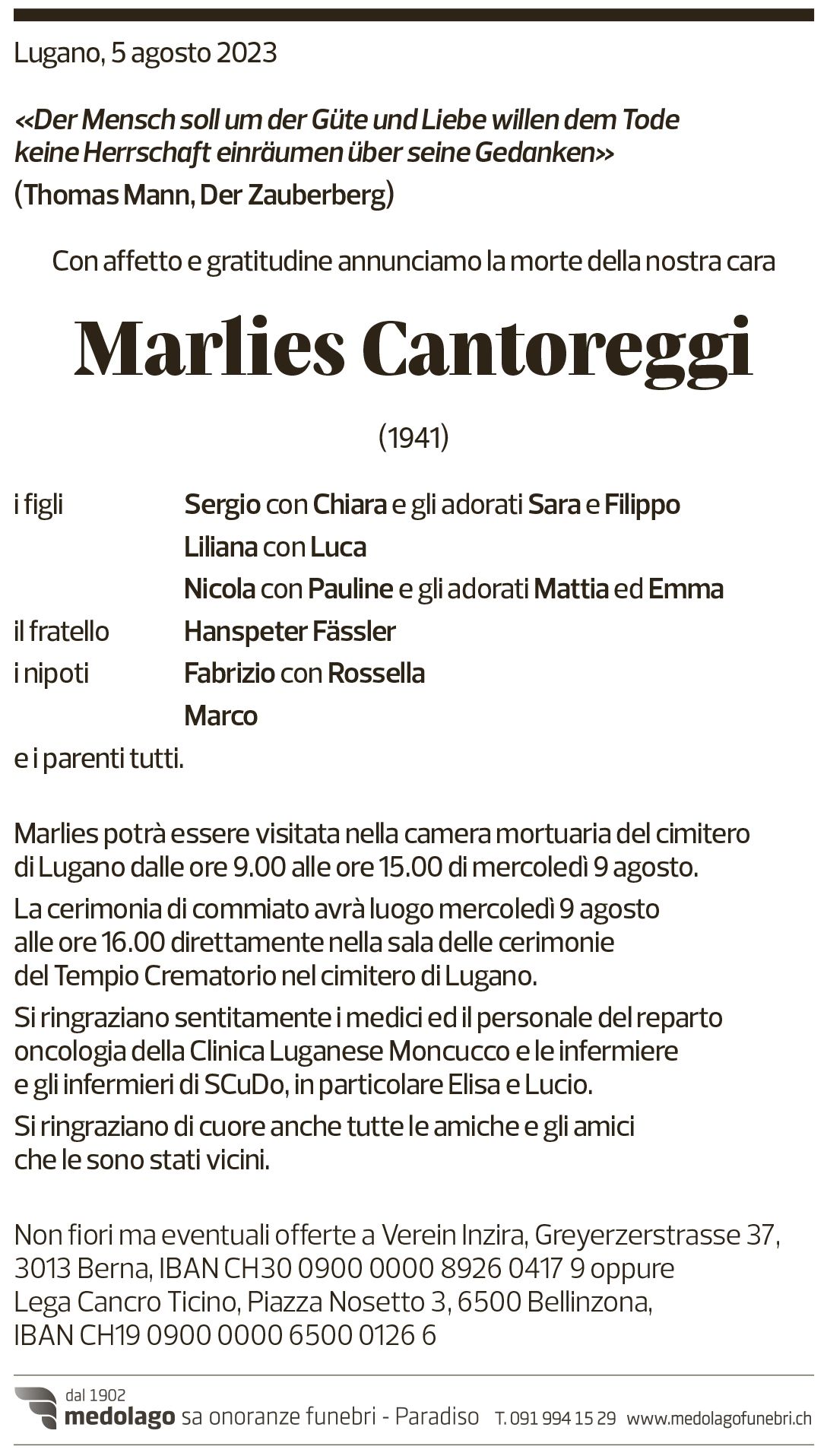 Annuncio funebre Marlies Cantoreggi