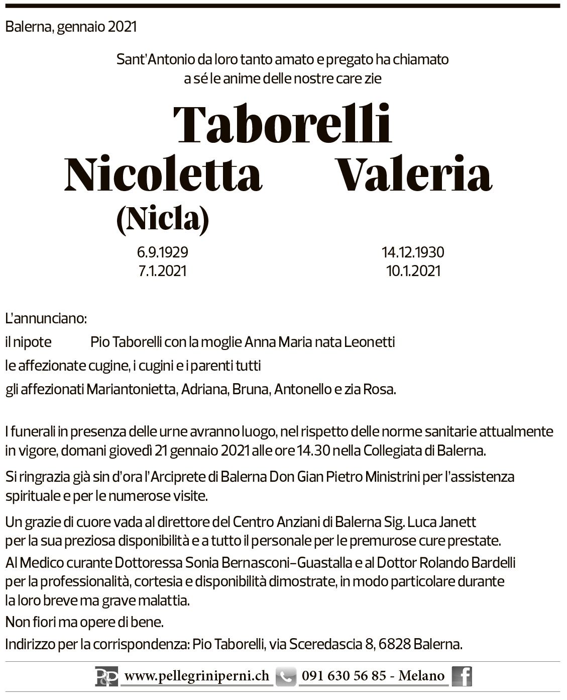 Annuncio funebre Nicoletta Valeria Taborelli