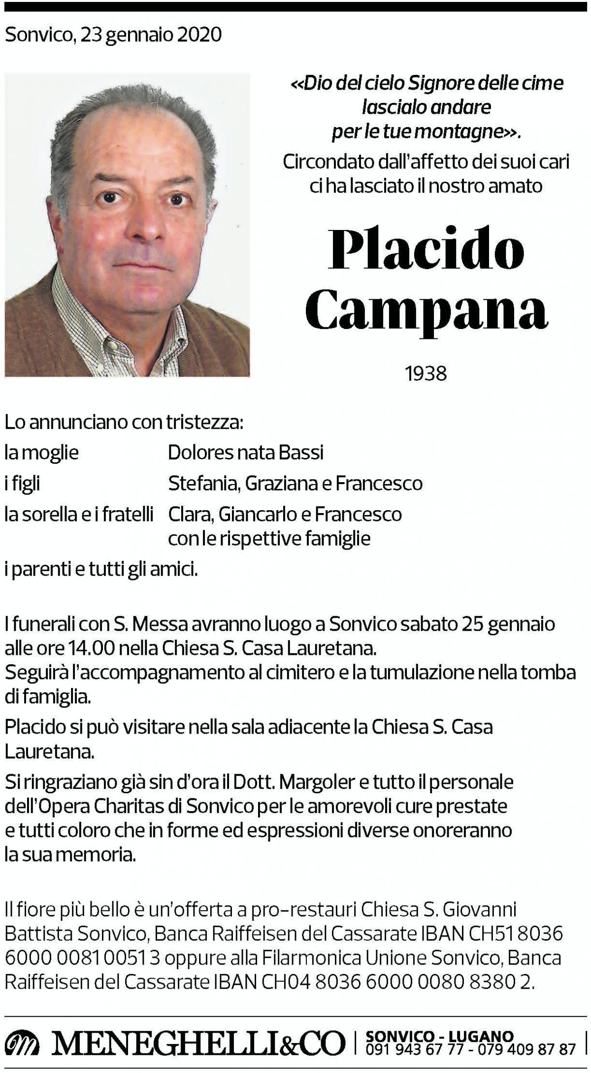 Annuncio funebre Placido Campana
