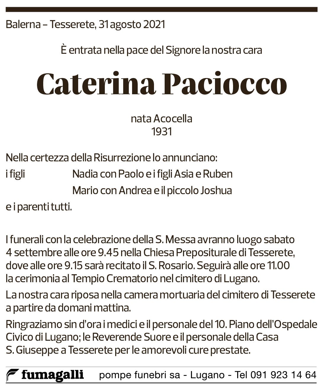 Annuncio funebre Caterina Paciocco