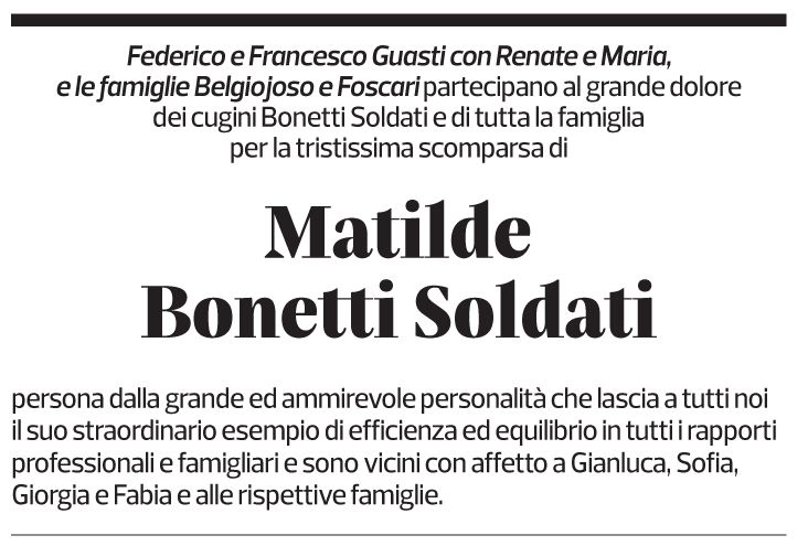Annuncio funebre Matilde Bonetti Soldati