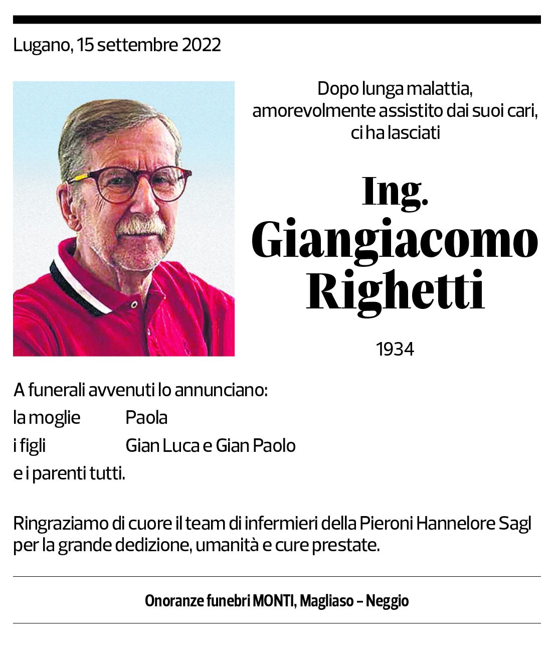 Annuncio funebre Giangiacomo Righetti