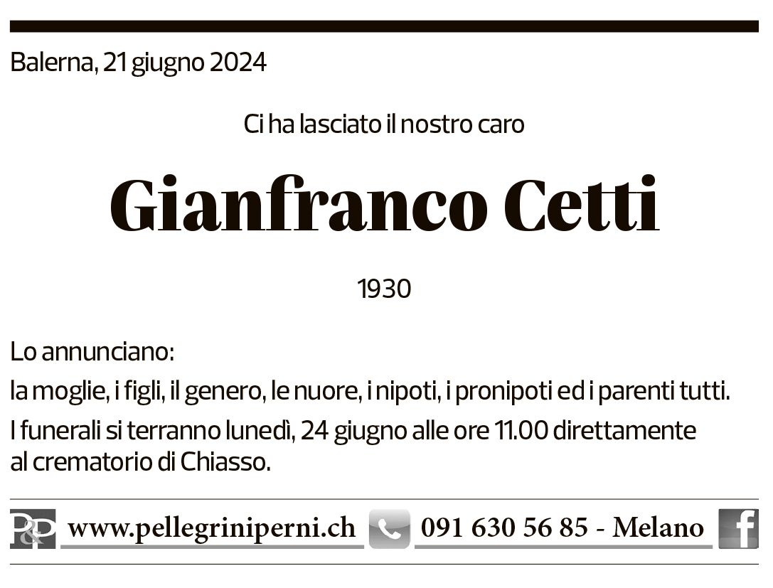 Annuncio funebre Gianfranco Cetti