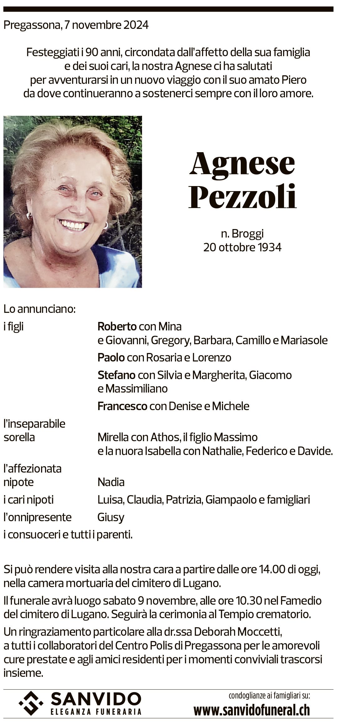 Annuncio funebre Agnese Pezzoli