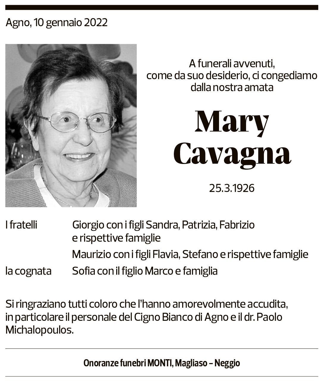 Annuncio funebre Mary Cavagna