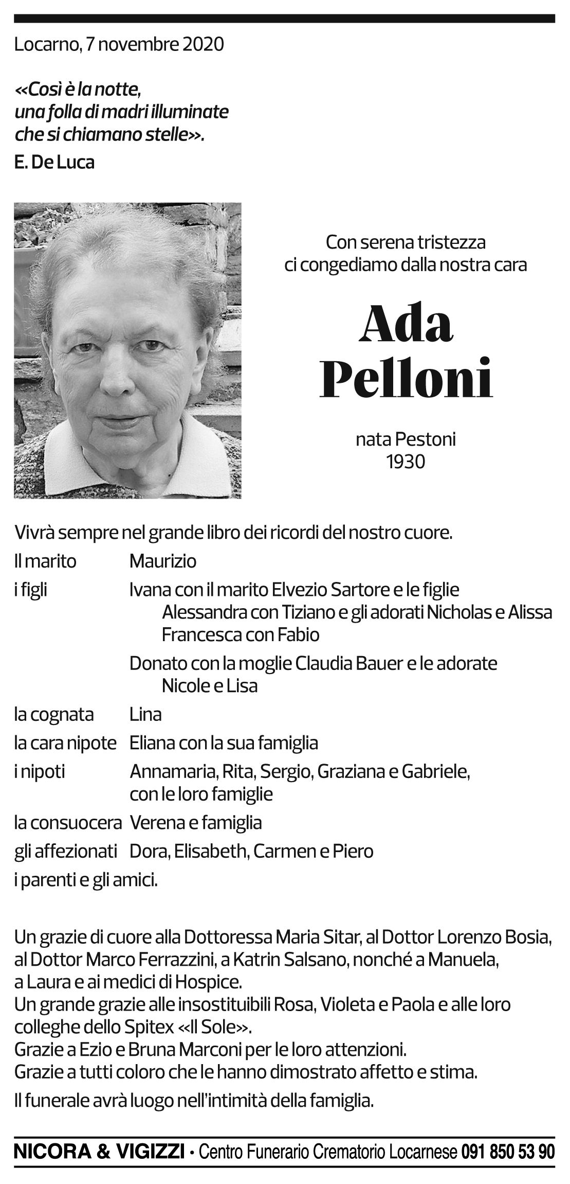 Annuncio funebre Ada Pelloni