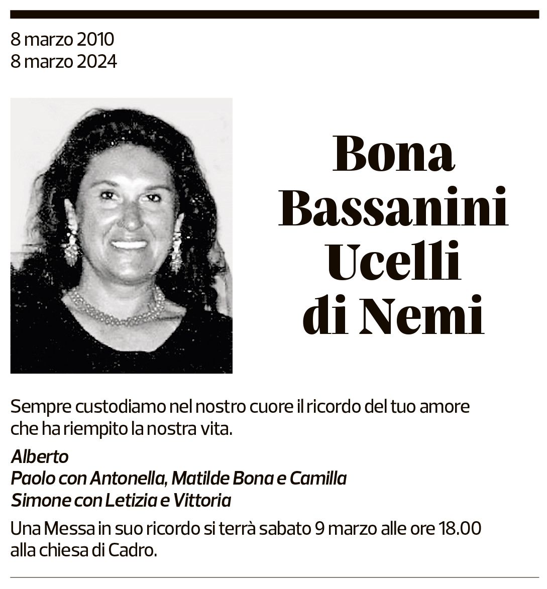 Annuncio funebre Bona Bassanini Ucelli Di Nemi