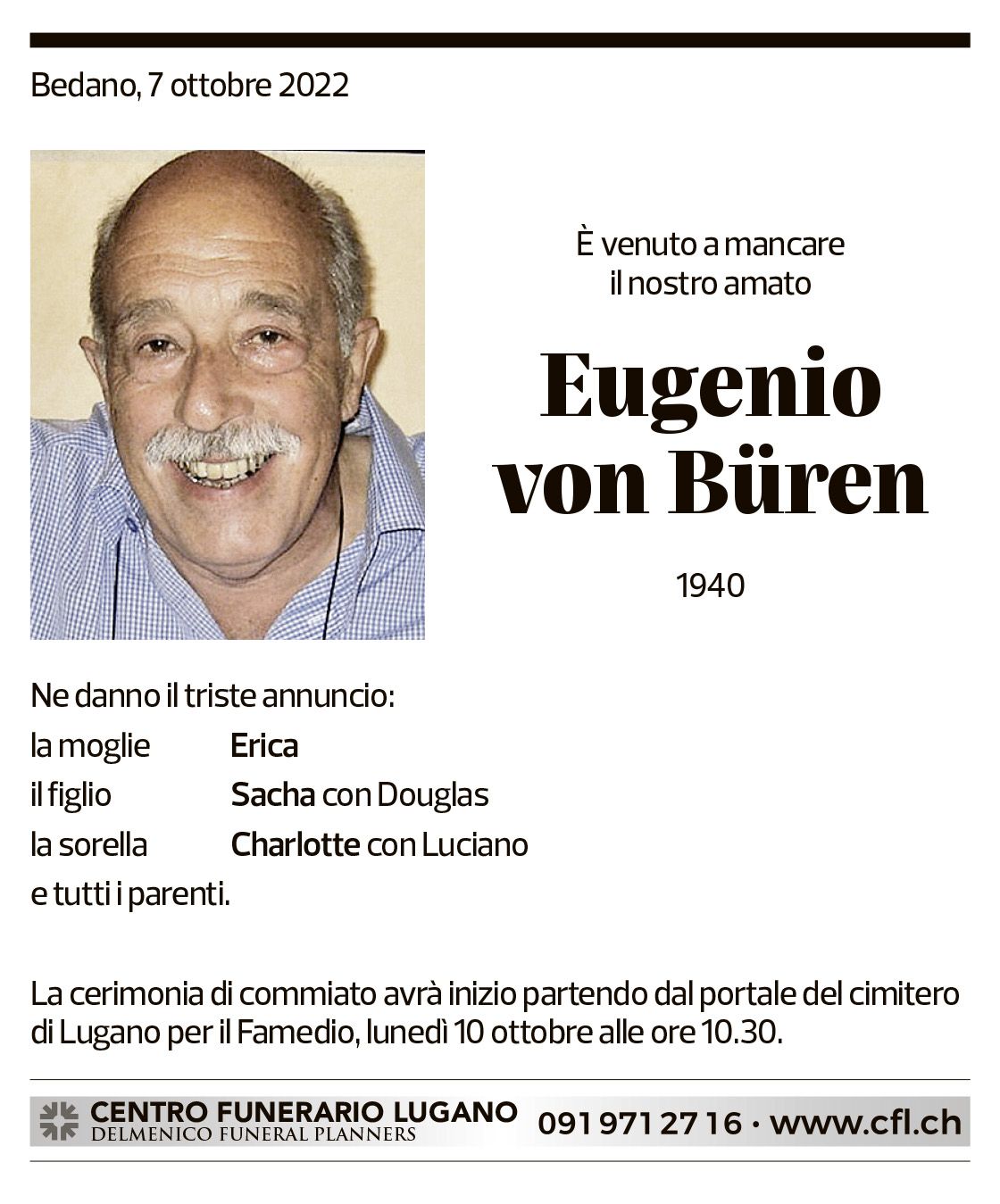 Annuncio funebre Eugenio Von Büren