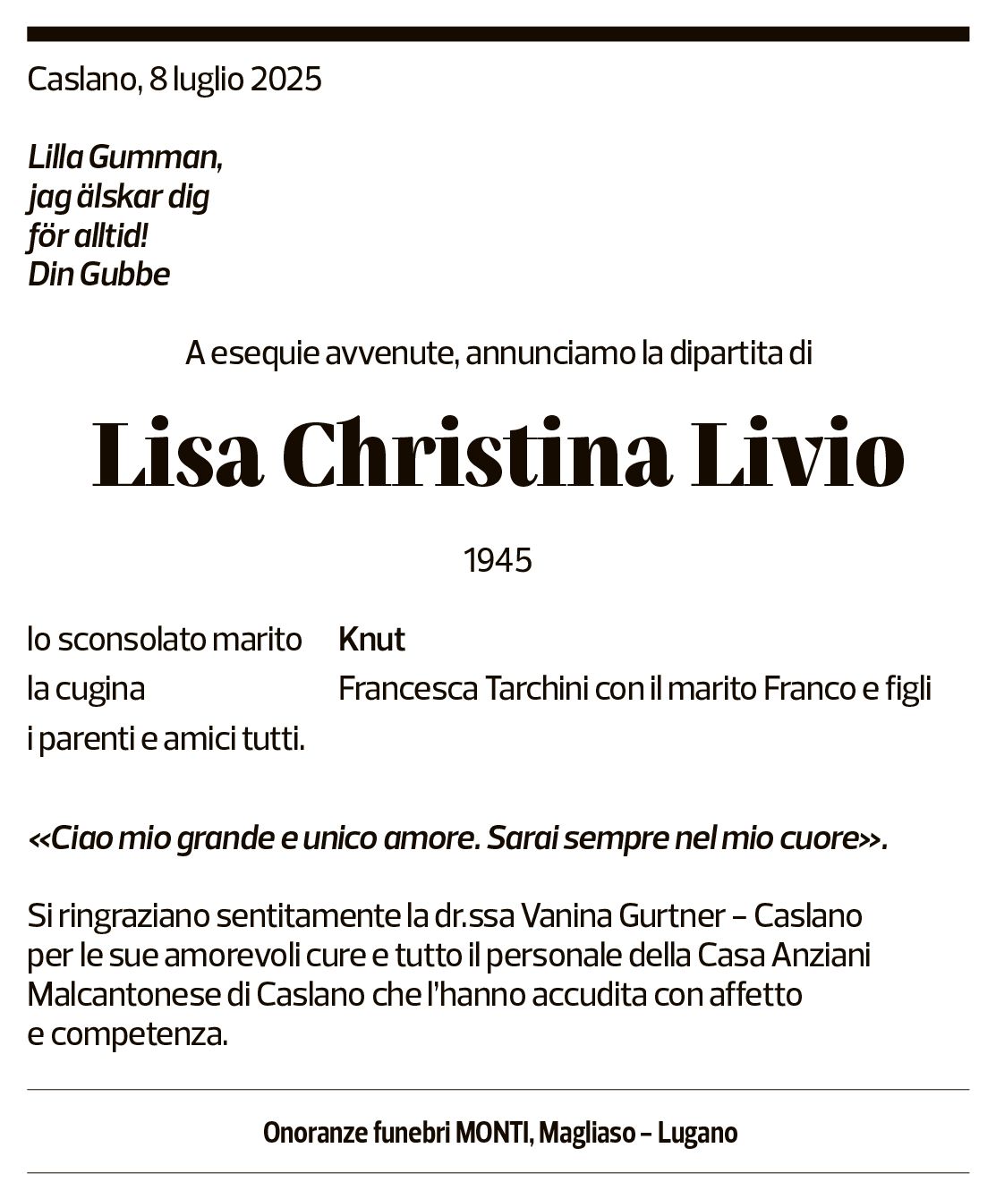 Annuncio funebre Lisa Christina Livio