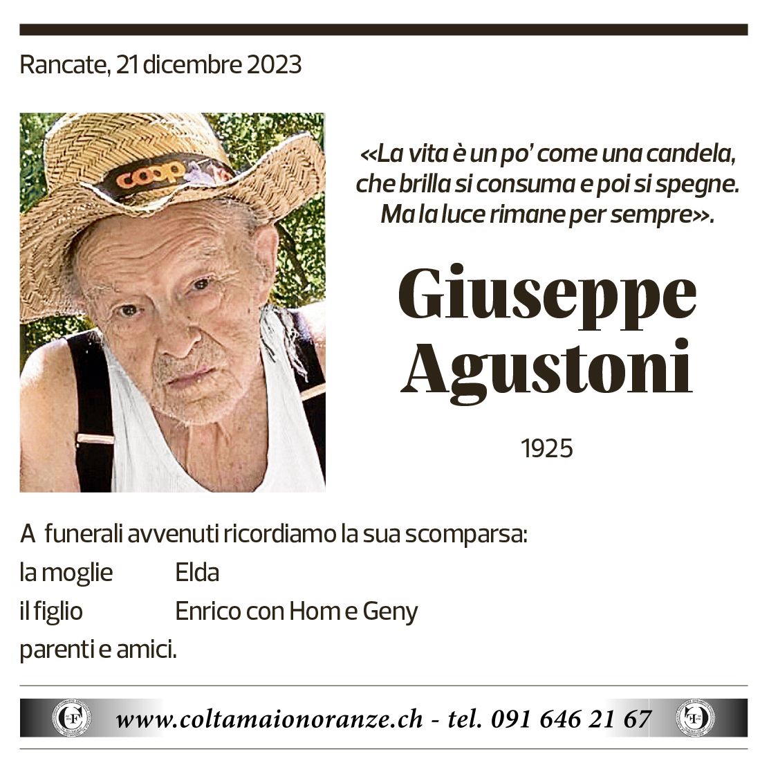 Annuncio funebre Giuseppe Agustoni