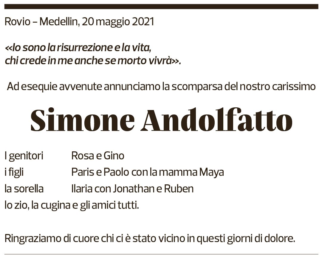 Annuncio funebre Simone Andolfatto