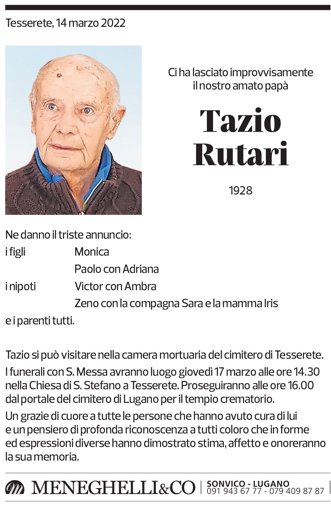 Annuncio funebre Tazio Rutari