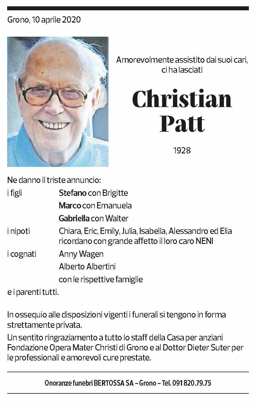 Annuncio funebre Christian Patt