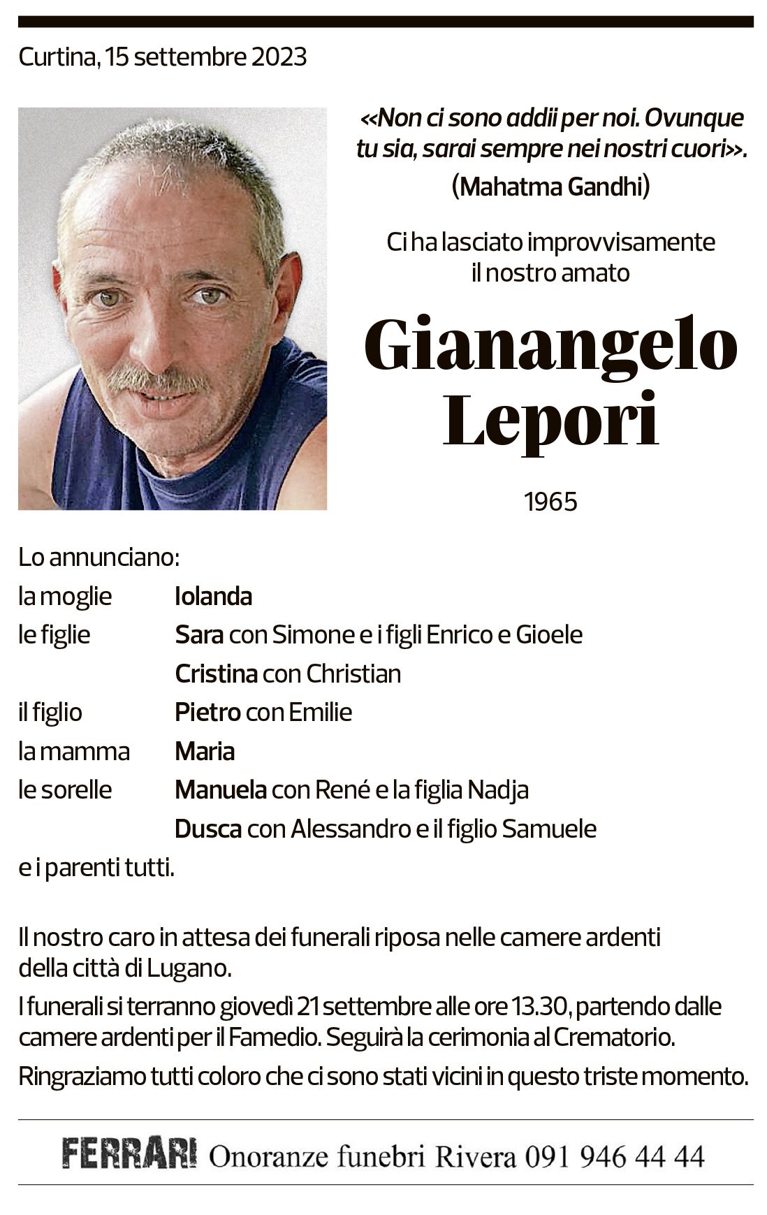 Annuncio funebre Gianangelo Lepori