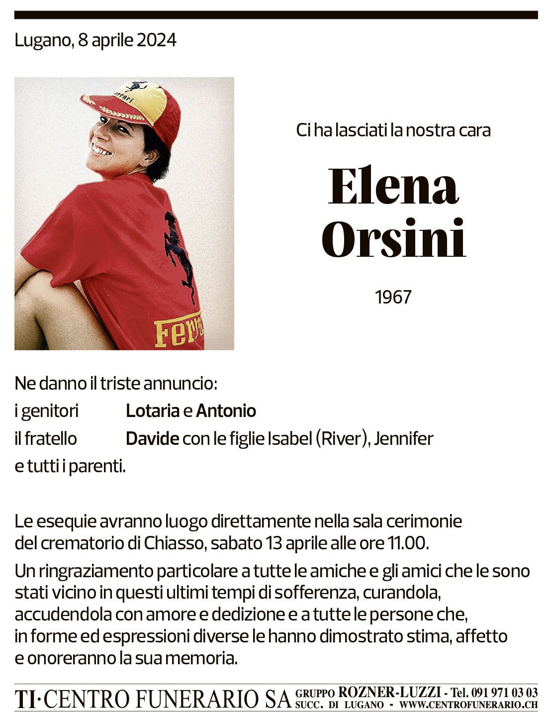 Annuncio funebre Elena Orsini