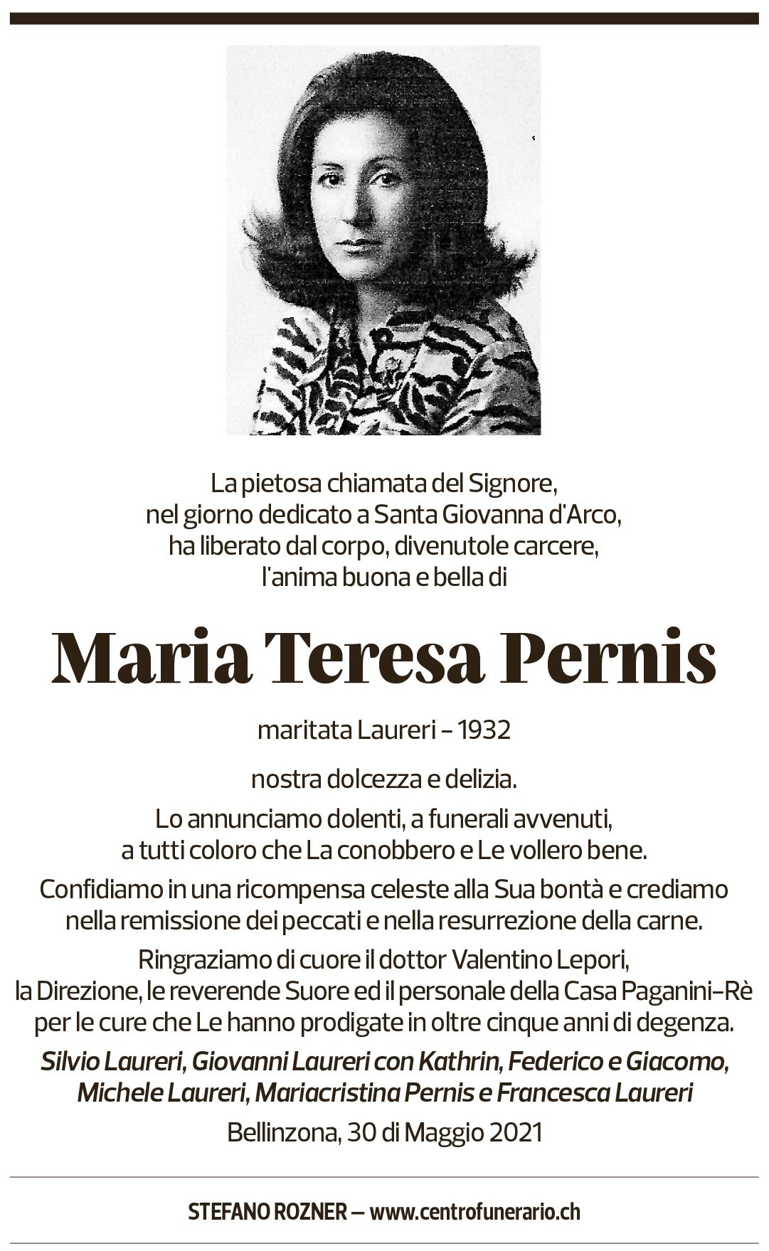 Annuncio funebre Maria Teresa Pernis